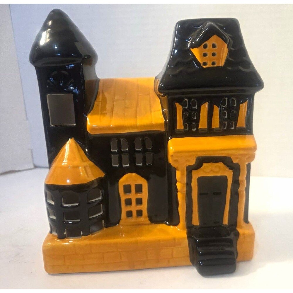 Ceramic Light-Up Halloween Haunted House Building Figurine Black Orange 8"